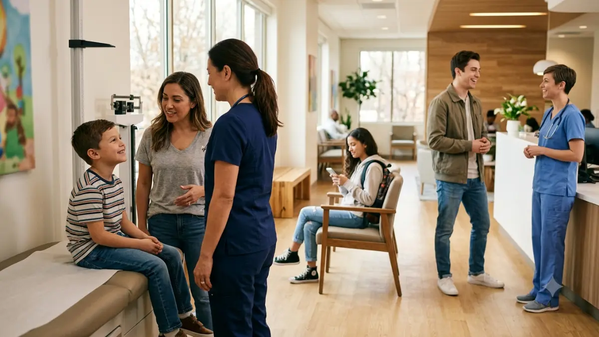Children, teenagers, and young adults attending routine preventive healthcare visits representing Cholesterol Screening Age recommendations across different life stages.