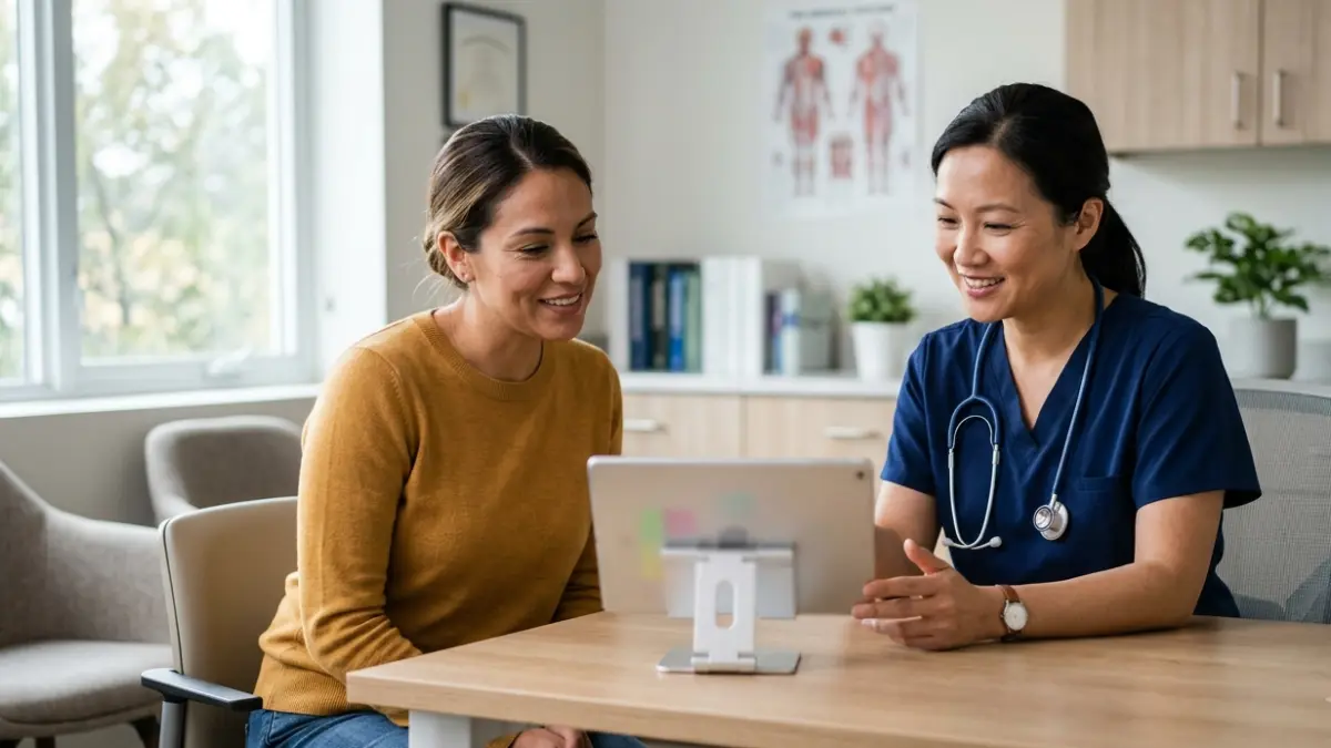 Doctor discussing preventive healthcare recommendations with an adult patient about Cholesterol Screening Age during a routine consultation.