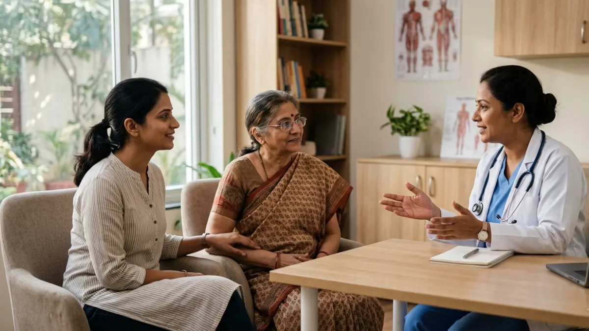 Patient discussing family medical history with a healthcare professional regarding Cholesterol Screening Age and inherited cardiovascular risk.