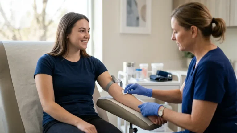 Healthy young adult having a routine preventive blood test during a primary care visit for Cholesterol Screening Age recommendations.
