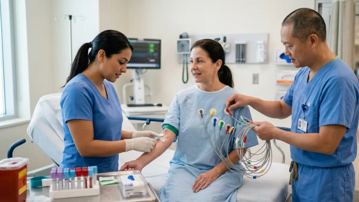 Cholesterol Test differs from emergency blood tests as a nurse performs a routine blood draw during chest pain evaluation