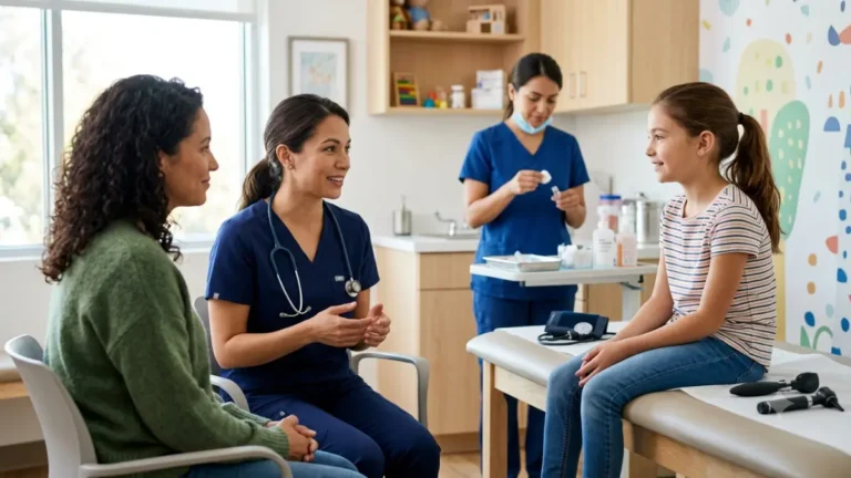 Cholesterol Test for Children during a routine pediatric wellness visit with a doctor, parent, and healthy school-aged child in a modern clinic
