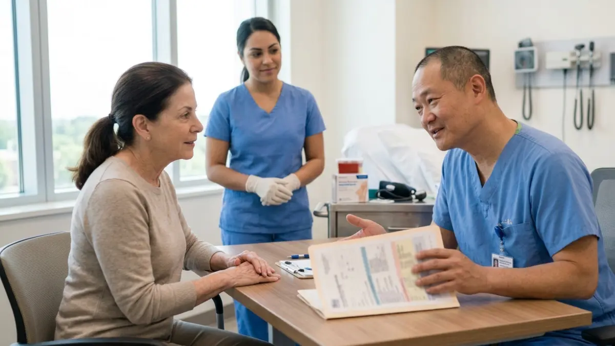 Cholesterol Test results are reviewed during a follow-up appointment after hospital discharge with a primary care physician
