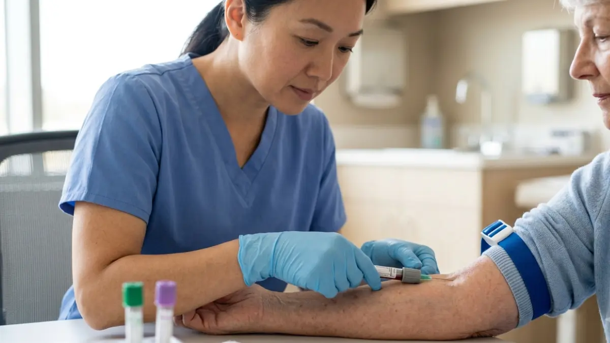 Healthcare professional performing Cholesterol Testing by collecting a routine blood sample from an older adult in a clinical laboratory.