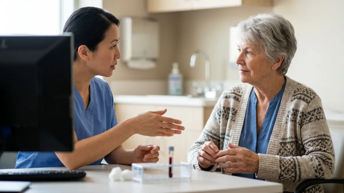 Cholesterol Testing consultation between a primary care physician and an older adult discussing routine cholesterol screening during a preventive healthcare visit.