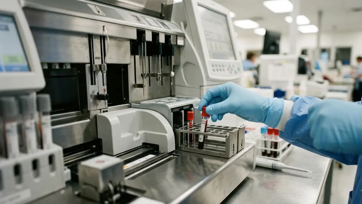 Cholesterol Test blood samples being processed in a modern clinical laboratory analyzer