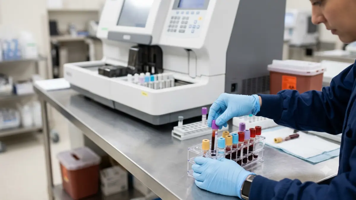 Cholesterol Test blood samples prepared by a laboratory technologist before lipid panel analysis