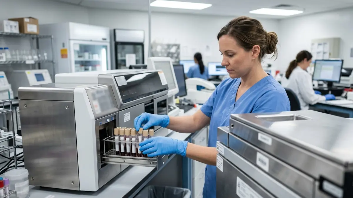 Clinical laboratory technologist processing blood samples used for LDL cholesterol testing and lipid panel analysis