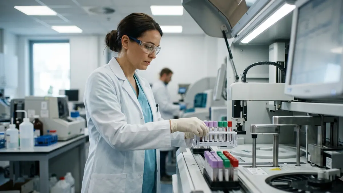 Laboratory scientist processing blood samples used to estimate LDL cholesterol while evaluating Familial Hypercholesterolemia Signs