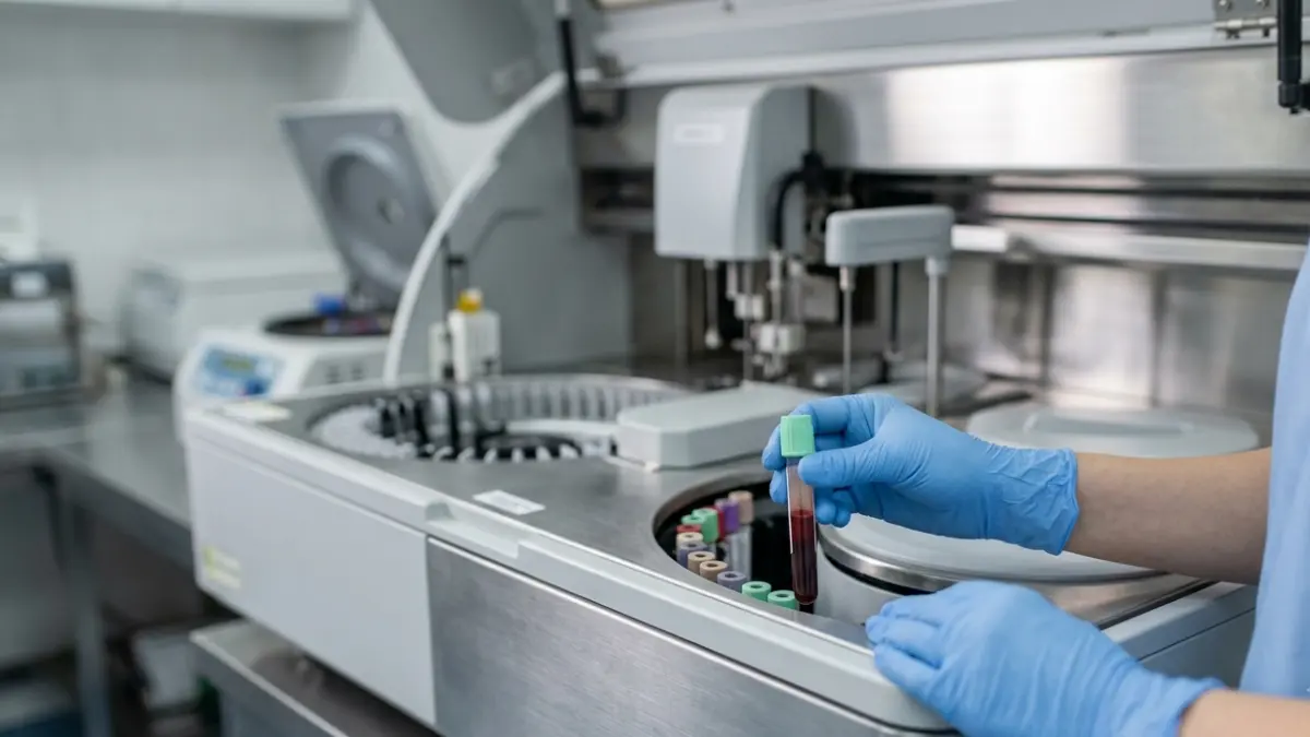 Clinical laboratory technologist processing a blood specimen for Lipid Panel Measures using automated chemistry equipment