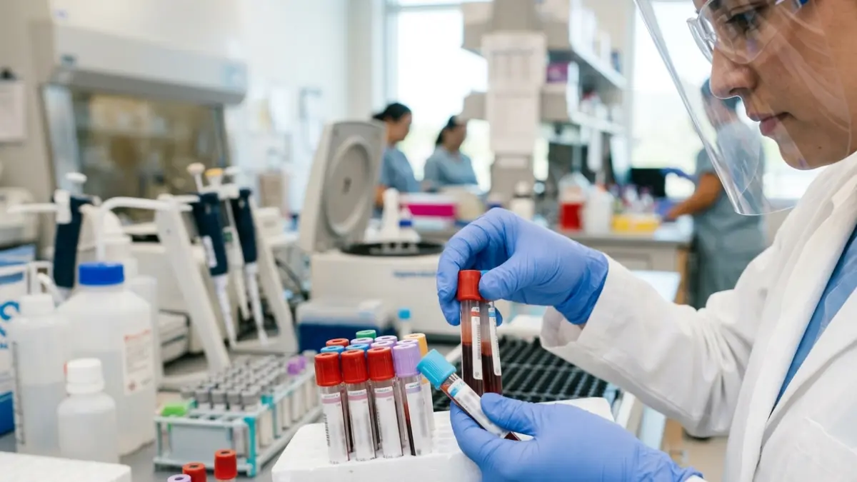 Clinical laboratory technician preparing blood samples for Lipid Panel and Liver Enzyme Tests analysis