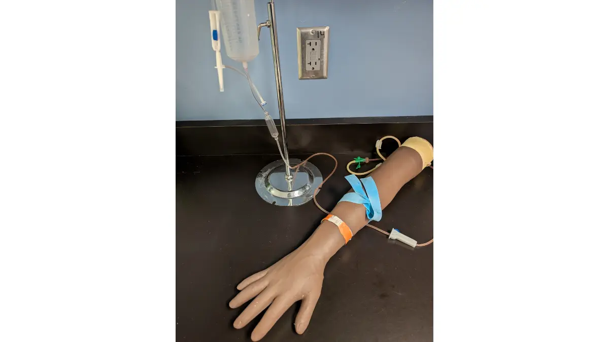 A medical training arm simulator used by phlebotomists to practice sensitive and safe vein access protocols for a patient's CBC Test.