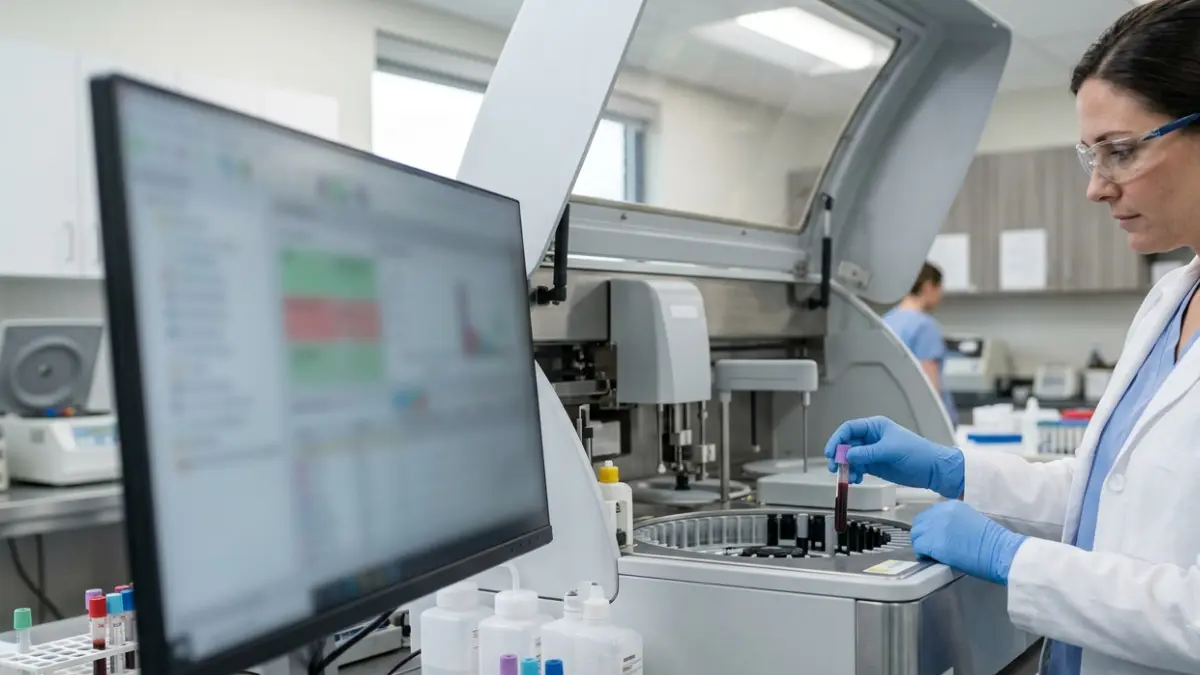Clinical scientist performing laboratory analysis for Lipid Panel Measures in a hospital chemistry laboratory