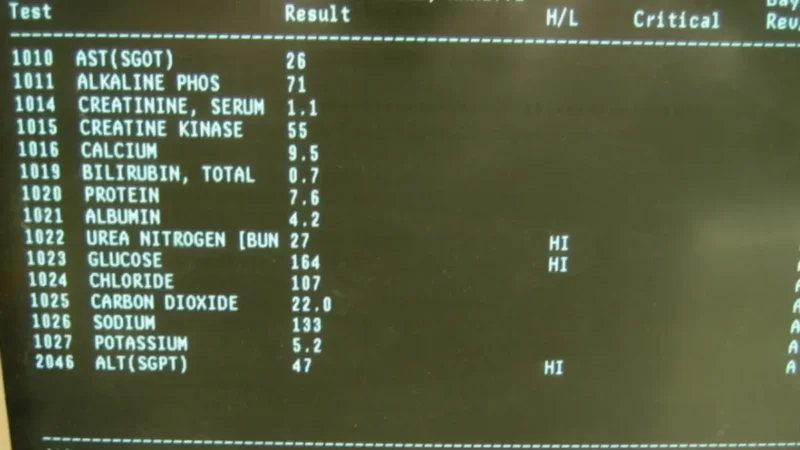 A digital clinical laboratory screen displaying a completed CMP Test report with metabolic panel metrics.