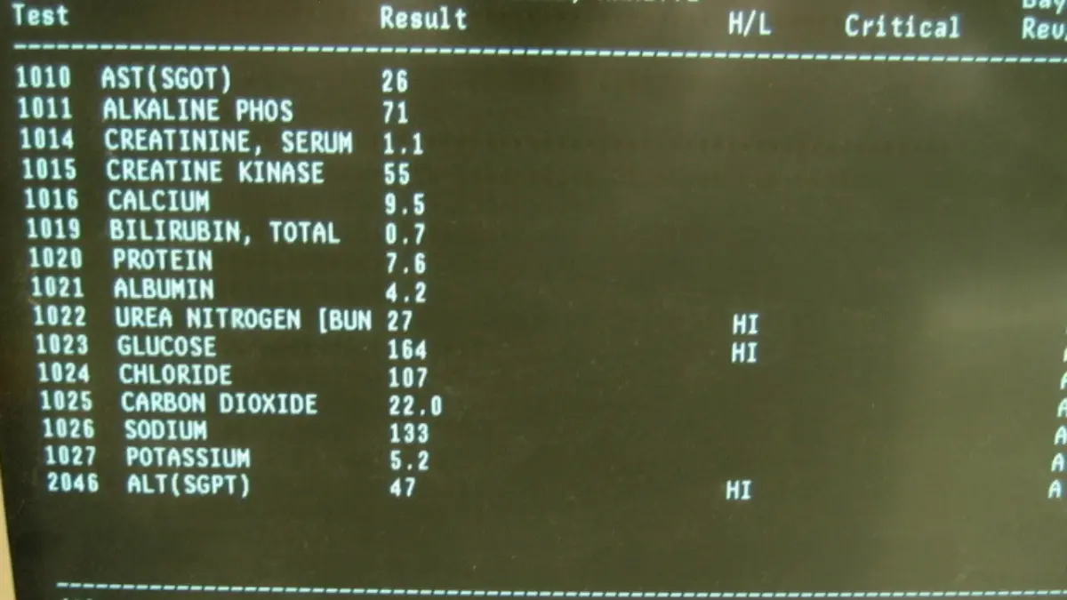 A digital clinical laboratory screen displaying a completed CMP Test report with metabolic panel metrics.
