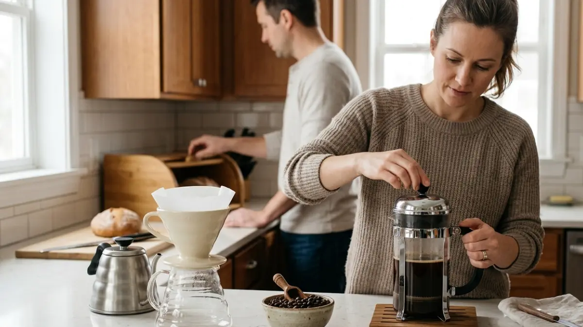 Different brewing methods for Coffee Before a Lipid Panel, including filtered and French press coffee prepared in a home kitchen.