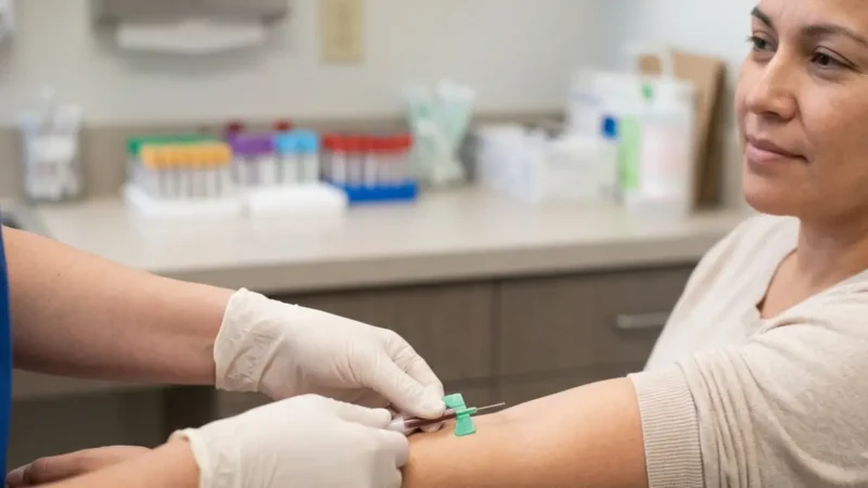 Patient undergoing venipuncture blood draw for CPT 80048 basic metabolic panel laboratory test.