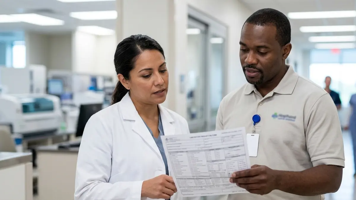 Doctors reviewing clinical lab order requisition chart to verify CPT 80048 repeat draw dates.