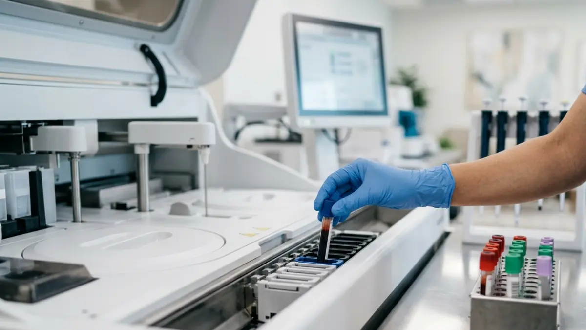 Medical laboratory technologist processing a blood sample for CPT 80061 lipid panel testing using automated laboratory equipment