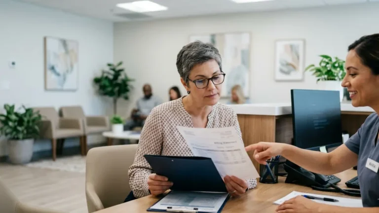 Patient reviewing medical billing paperwork for CPT 80061 lipid panel testing at a healthcare reception desk