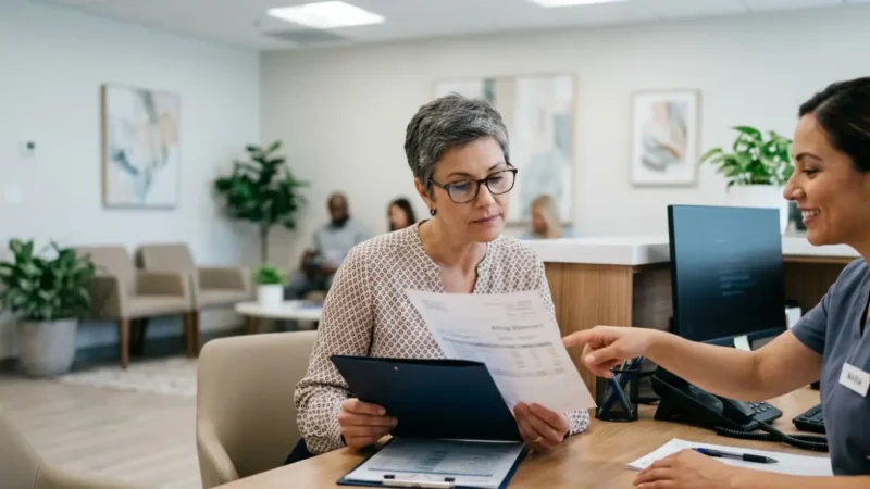 Patient reviewing medical billing paperwork for CPT 80061 lipid panel testing at a healthcare reception desk
