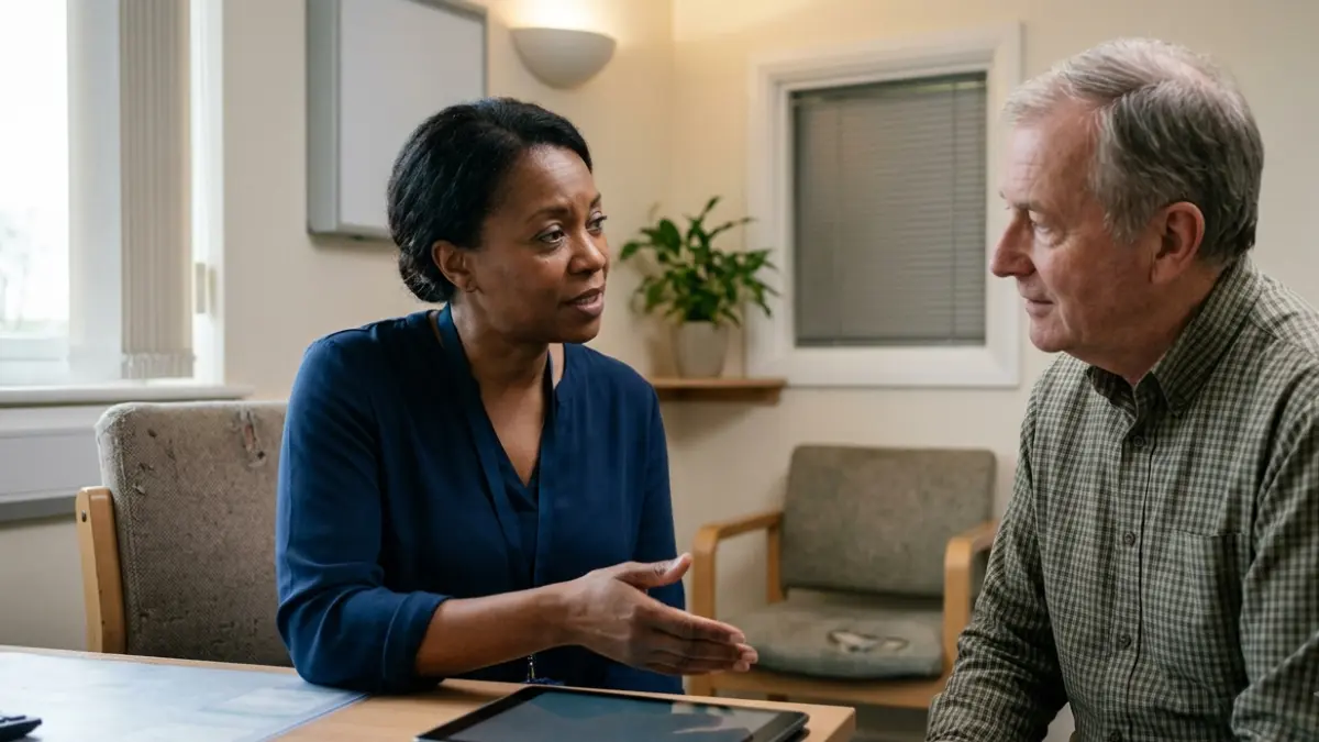 Clinician discussing lipid panel results and cardiovascular risk category with a patient in a consulting room