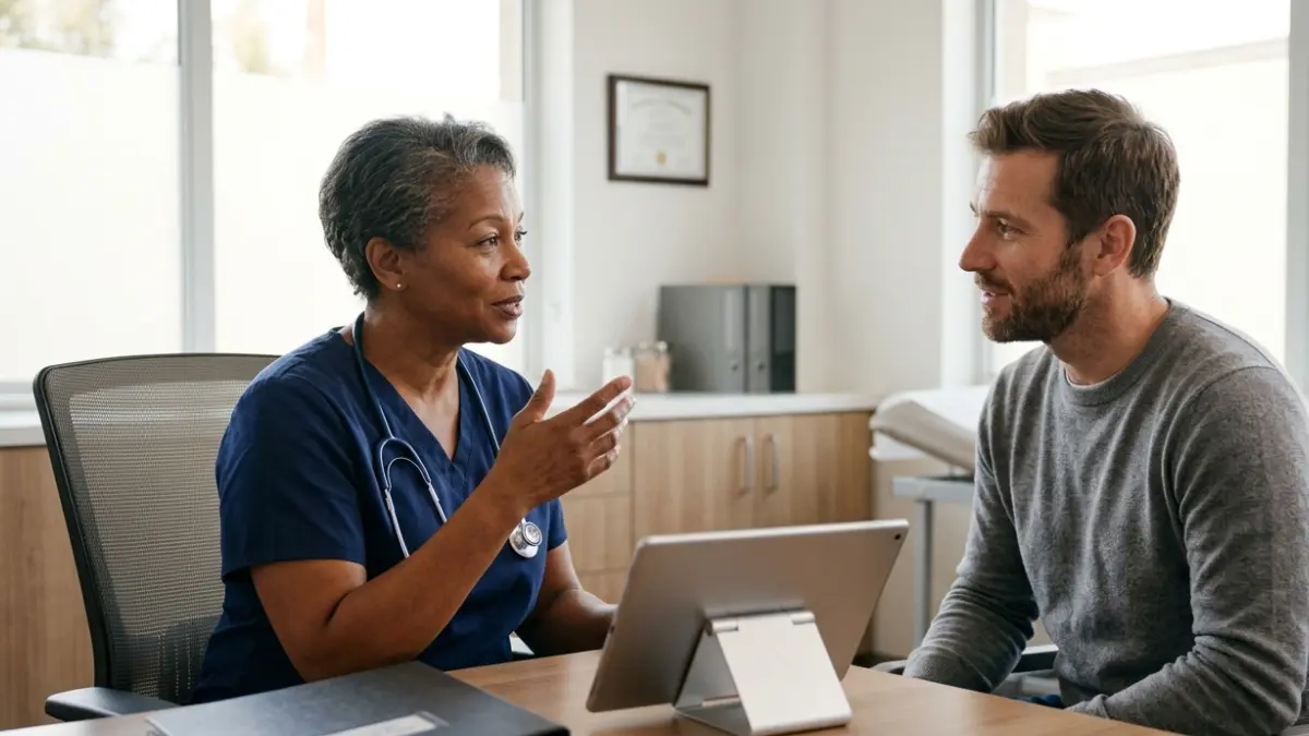 Physician discussing Lipid Panel Measures with an adult patient during a cardiovascular consultation