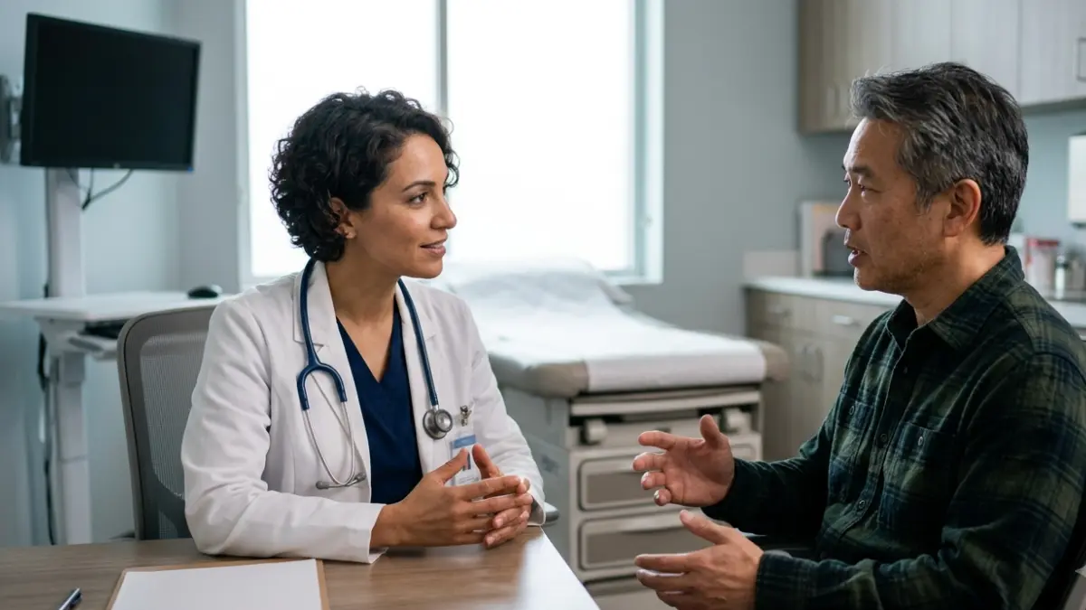 Patient discussing symptoms with a physician before a BMP blood test is ordered