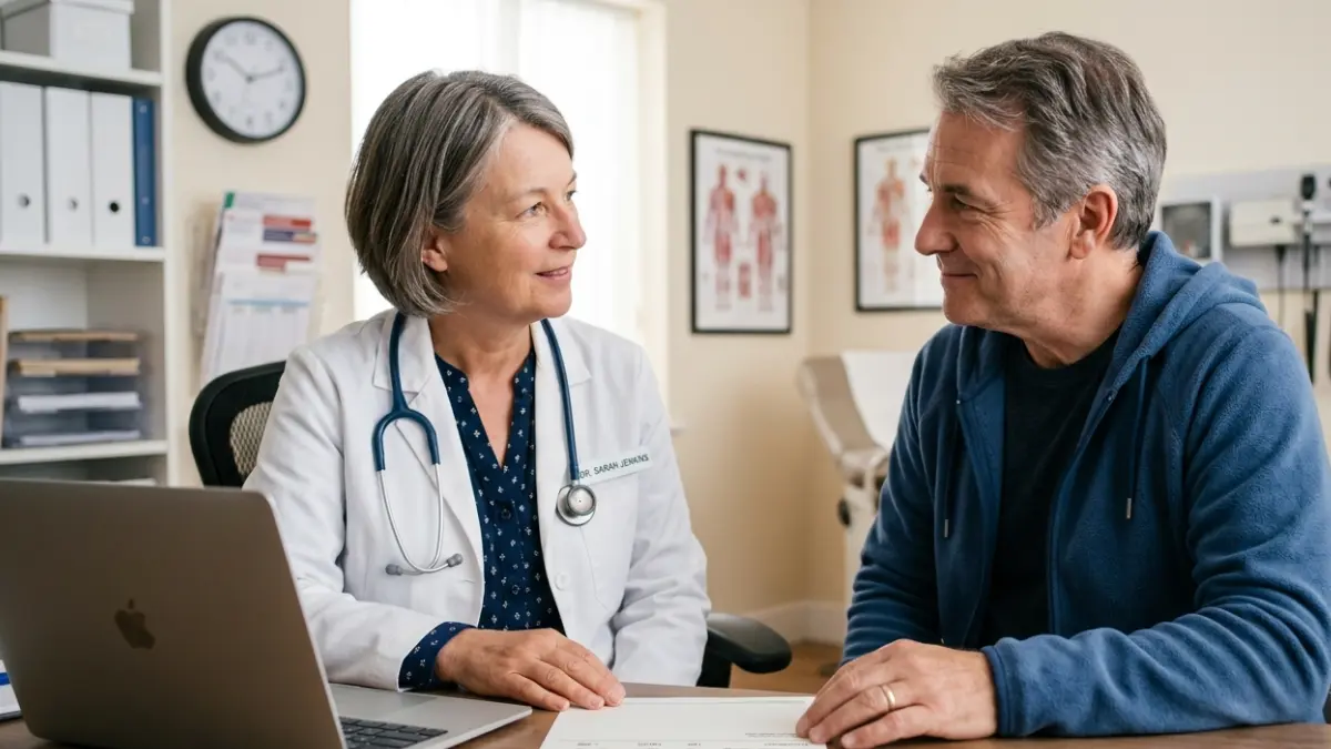 Patient discussing lab test normal ranges during a primary care physician consultation.