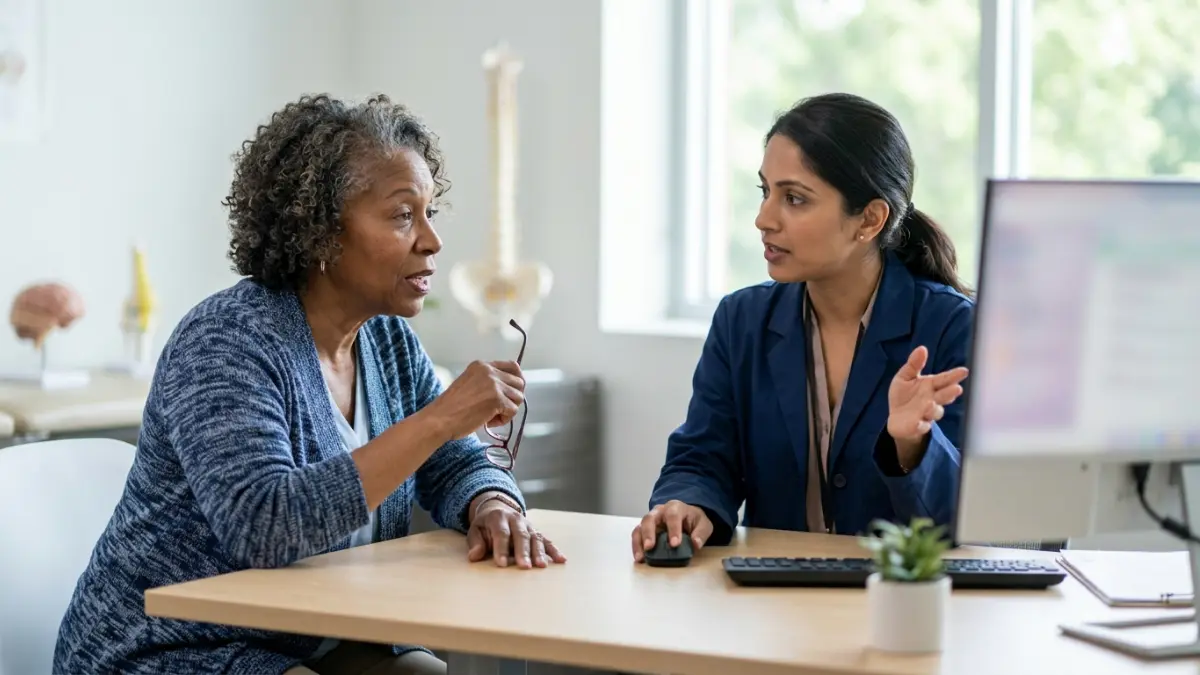 Doctor explaining whether a Cholesterol Test is ordered as preventive screening or diagnostic monitoring for an older patient