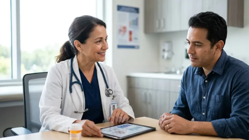 Statin discussion between a primary care doctor and an adult patient during a cholesterol treatment consultation in a medical office