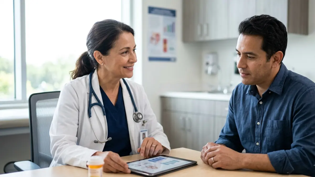Statin discussion between a primary care doctor and an adult patient during a cholesterol treatment consultation in a medical office