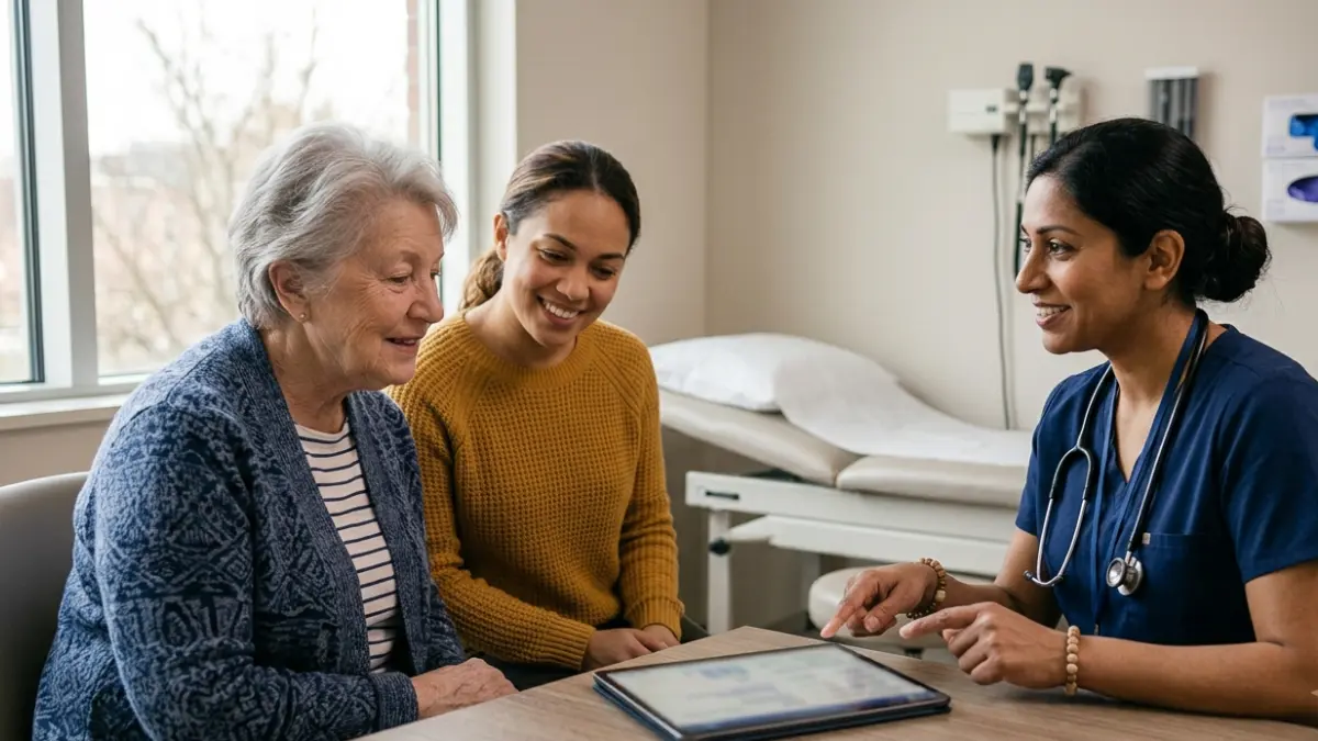 Doctor reviewing health information with an older patient during a Cholesterol Results consultation