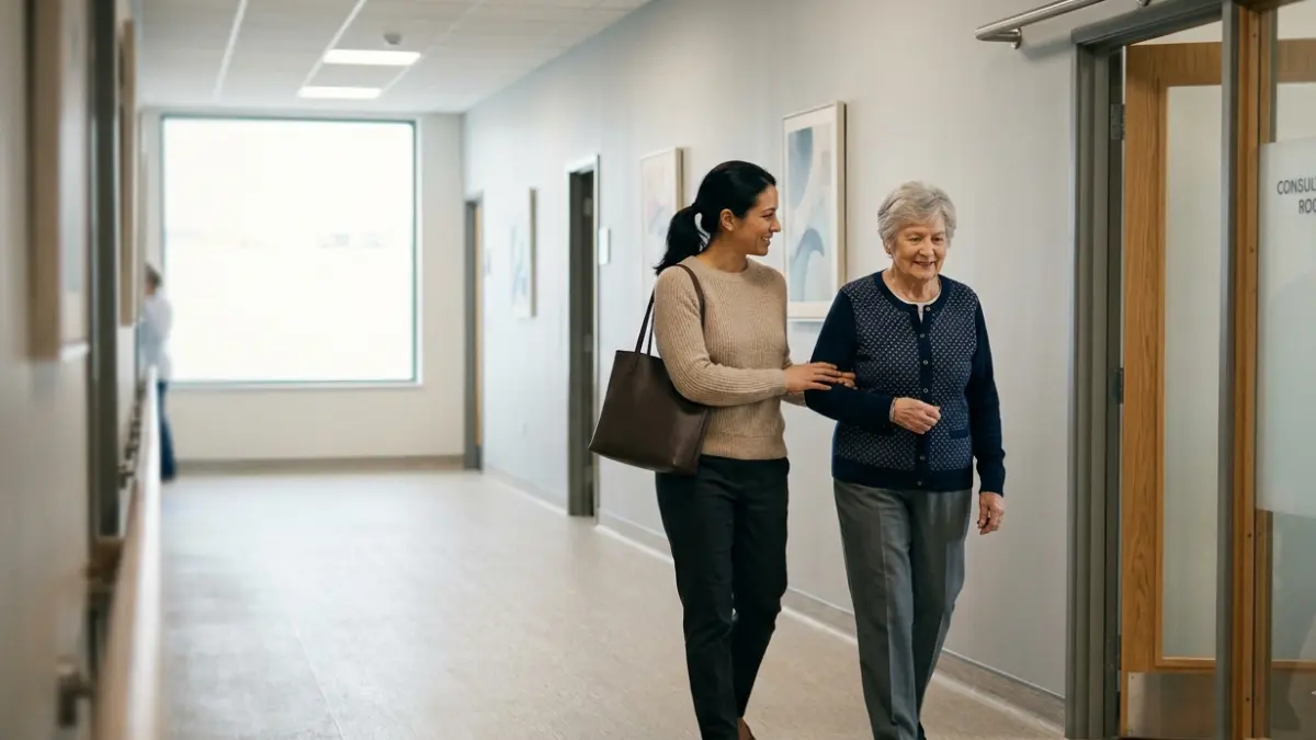 Family support before a healthcare appointment about Cholesterol Results with an elderly mother and adult daughter
