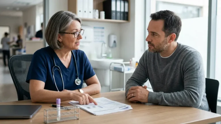 Doctor discussing a lipid panel with an adult patient while explaining Familial Hypercholesterolemia Signs during a cholesterol evaluation