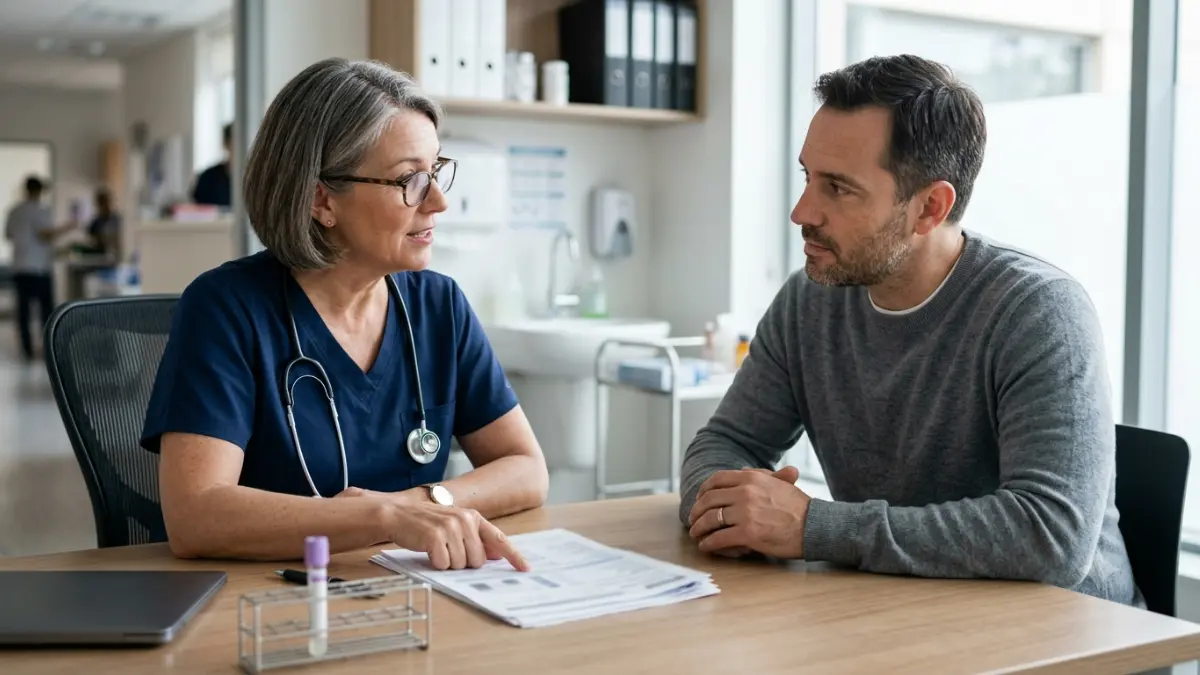 Doctor discussing a lipid panel with an adult patient while explaining Familial Hypercholesterolemia Signs during a cholesterol evaluation