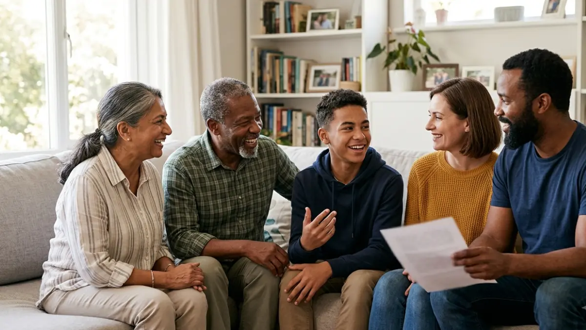 Three generations of a family discussing inherited heart health and possible Familial Hypercholesterolemia Signs together