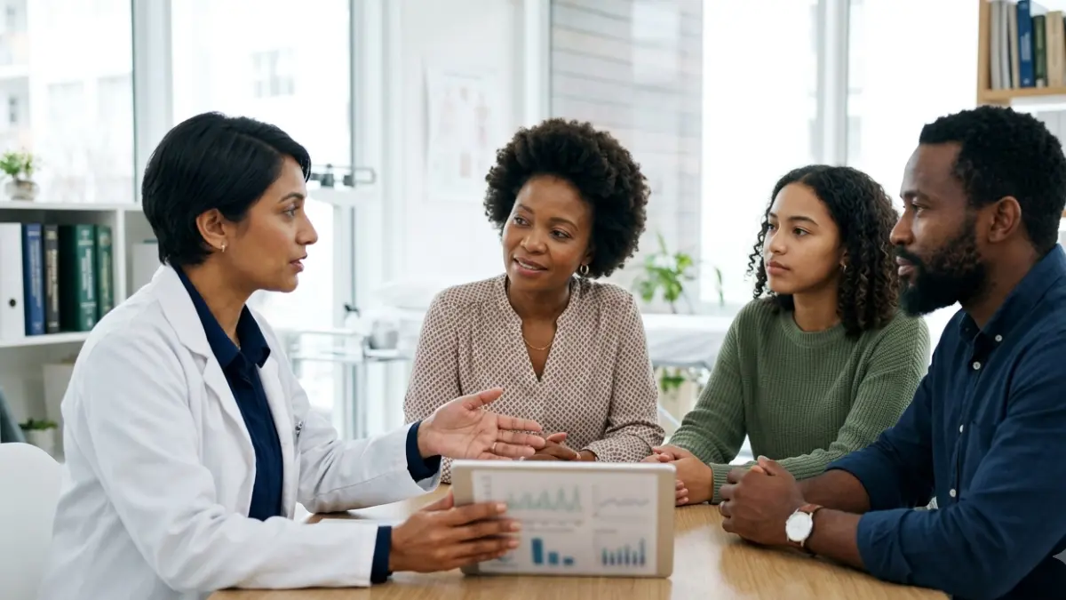 Family discussing Lipid Panel testing and inherited cardiovascular risk with a primary care physician during a preventive health consultation
