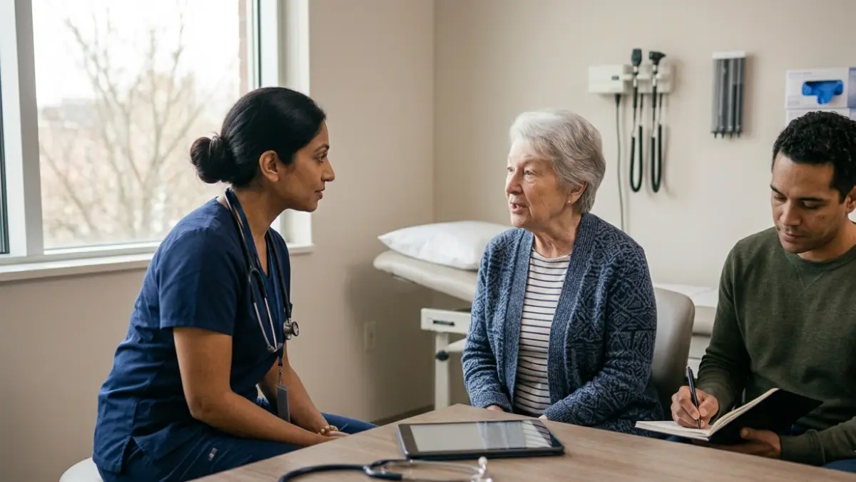 Adult son taking notes while an elderly mother discusses Cholesterol Results with her physician