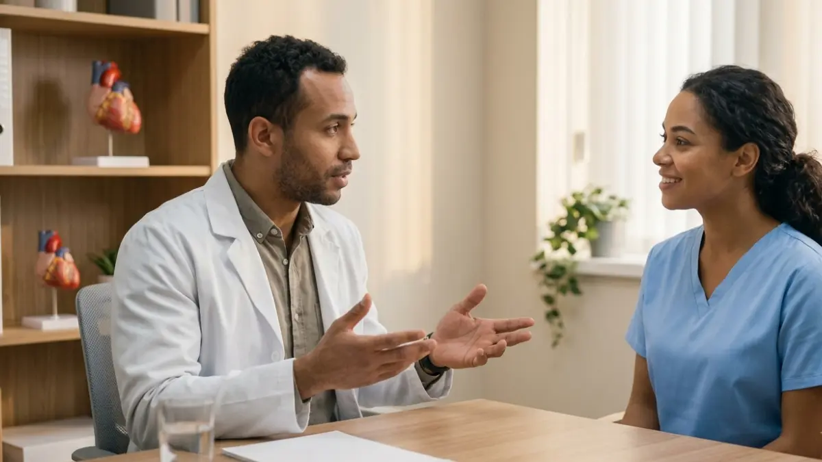 Fast for a Lipid Panel: doctor discussing fasting instructions with an adult patient before testing