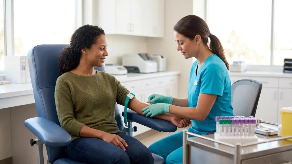 Fast for a Lipid Panel: healthcare professional collecting a routine blood sample in a modern laboratory