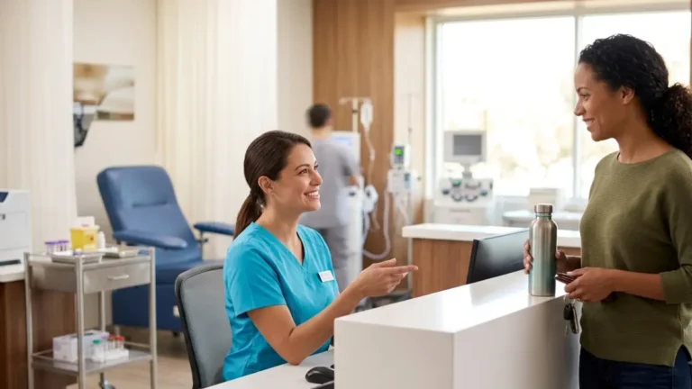 Fast for a Lipid Panel: adult arriving at a medical laboratory for a routine cholesterol blood test