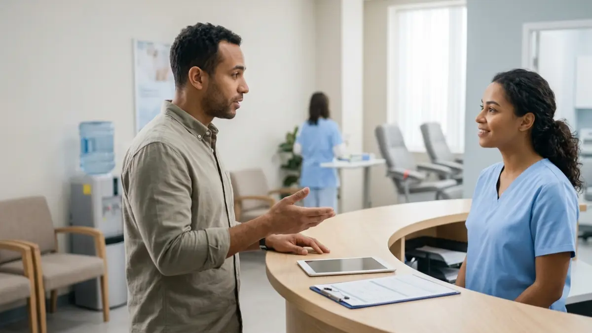 Fast for a Lipid Panel: patient speaking with laboratory staff before a cholesterol blood test