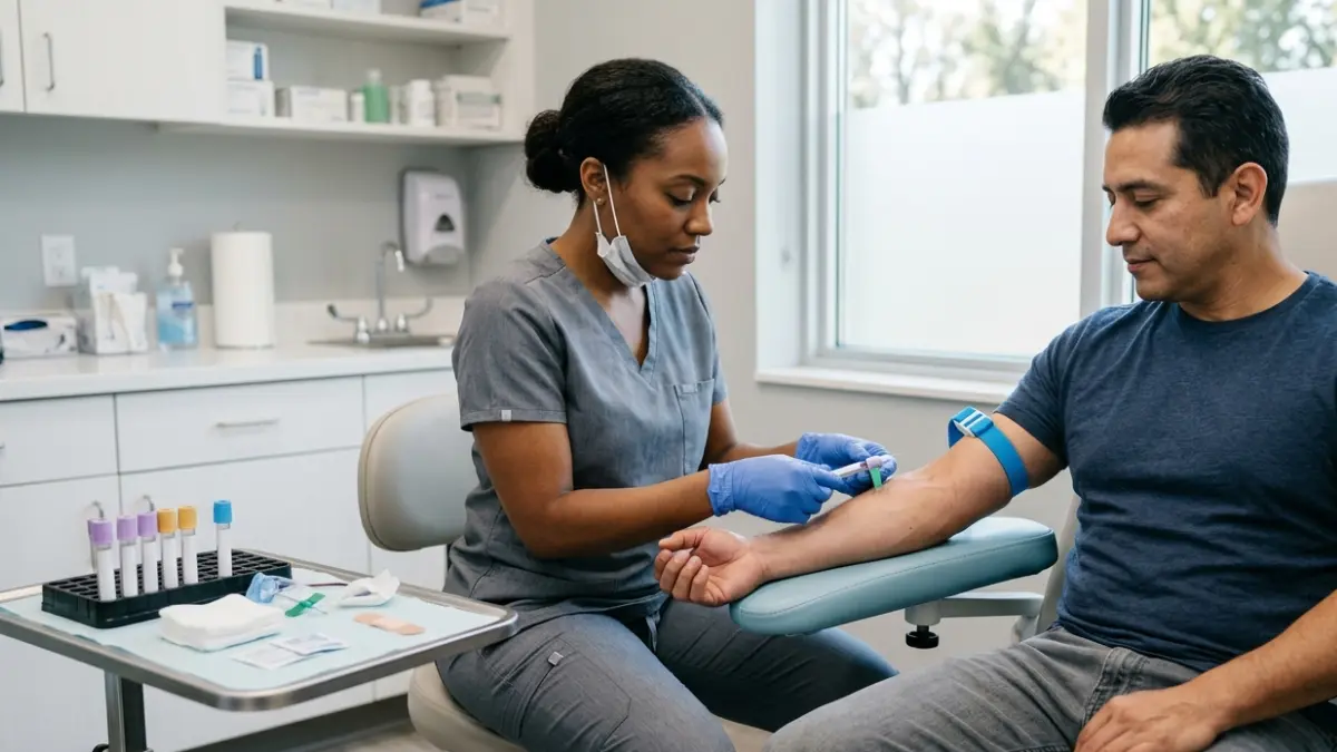 Patient having a fasting blood sample collected for repeat LDL cholesterol and lipid panel testing