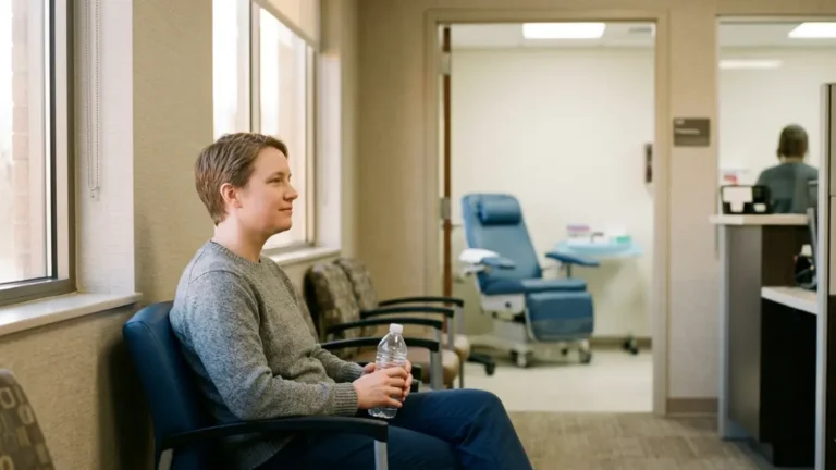 Adult preparing for a Cholesterol Test after an overnight fast while waiting in a modern laboratory reception area