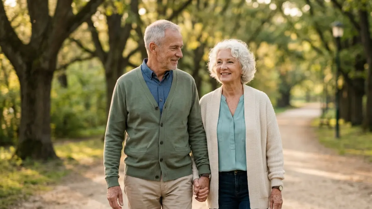 Active older adults after Cholesterol Testing enjoying a healthy walk in a park as part of a heart-healthy lifestyle.