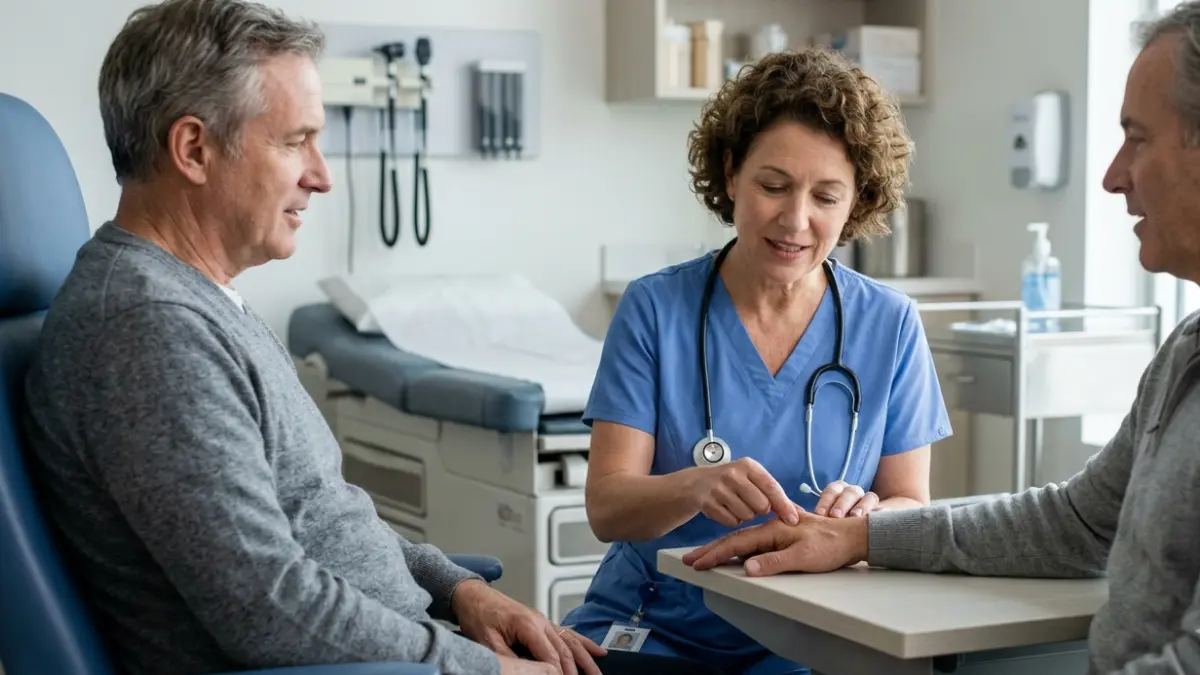 Physician performing a dehydration assessment during evaluation of a high BUN Creatinine Ratio