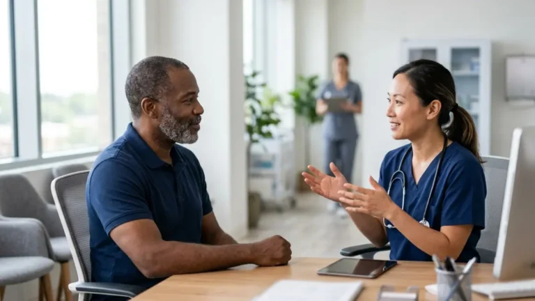 Healthcare professional discussing High Triglycerides with an adult patient during a routine medical consultation
