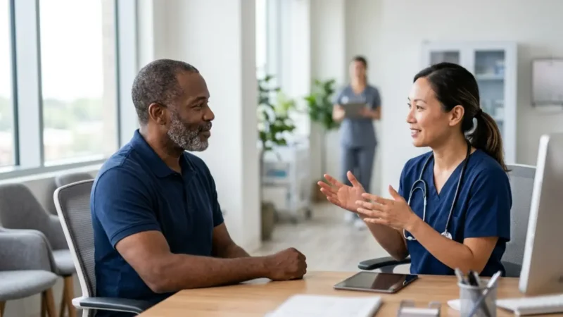 Healthcare professional discussing High Triglycerides with an adult patient during a routine medical consultation