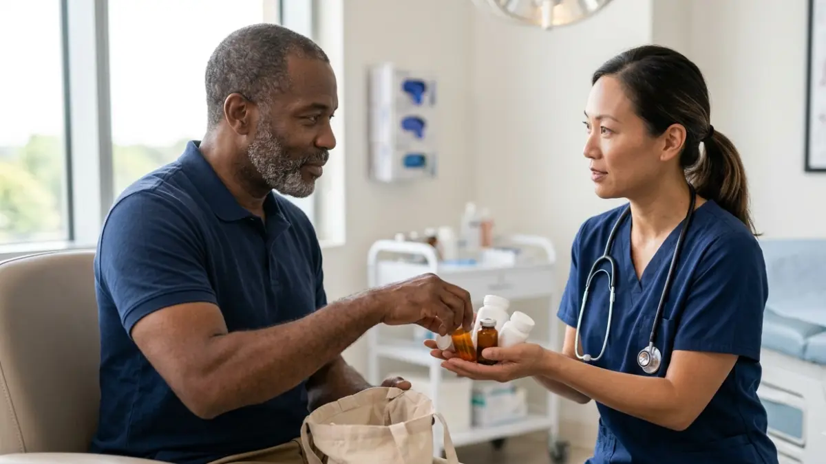 Patient reviewing prescription medicines with a healthcare professional about High Triglycerides